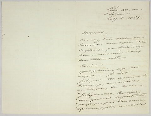 Lettre autographe signée Achille Piron destinée à Pierre-Antoine Berryer, 27 août 1863
