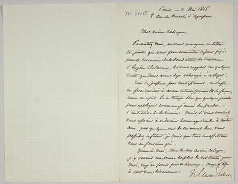 Lettre autographe signée Rivet destinée à Pierre-Antoine Berryer, 11 mai 1864