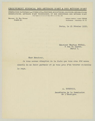 L R. Courtois à Charles Fegdal, 21 février 1935, image 2/2