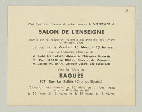 Carton de vernissage Salon de l'enseigne, 15 mars [1935], image 1/1