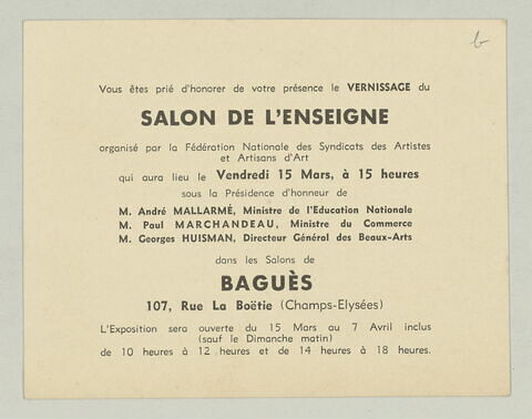 Carton du vernissage Salon de l'Enseigne, 15 mars [1935], image 1/1