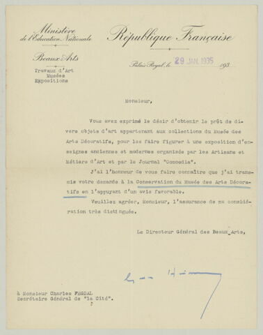 LS Georges Huisman à Charles Fegdal, 29 janvier 1935