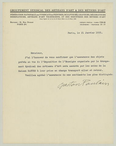 LS Gaston Poulain à Charles Fegdal, 21 janvier 1935