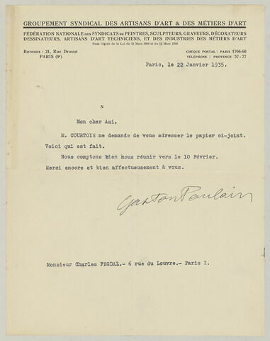 LS Gaston Poulain à Charles Fegdal, 22 janvier 1935
