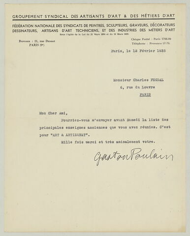 LS Gaston Poulain à Charles Fegdal, 12 février 1935
