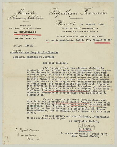 LS F. Javary à Charles Fegdal, 18 janvier 1935