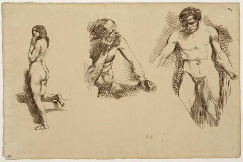 Femme nue debout vue de dos et deux hommes nus