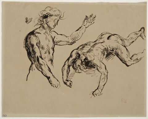 Deux études d'homme nus; l'un à mi-corps, l'autre tombant face contre terre, image 1/1