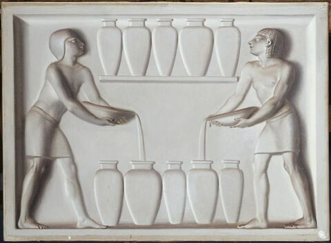 Décors de panneaux de boiserie en grisaille représentant des scènes de la vie civile égyptienne antique, image 3/11