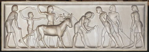 Décors de panneaux de boiserie en grisaille représentant des scènes de la vie civile égyptienne antique, image 6/11