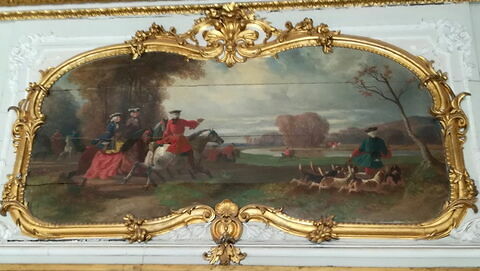 Une Chasse à courre sous Louis XV. Trois cavaliers et des chiens courant vers la droite.