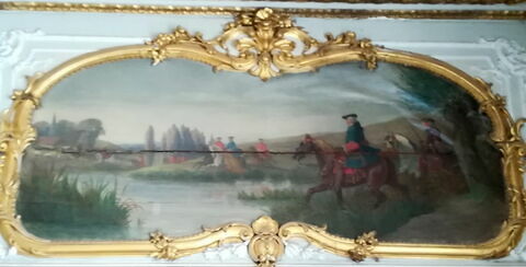 Une Chasse à courre sous Louis XV. Cavaliers et chiens courant vers la gauche, s'apprêtant à traverser un étang.