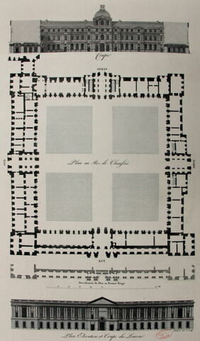 Plan, élévation et coupe du Louvre