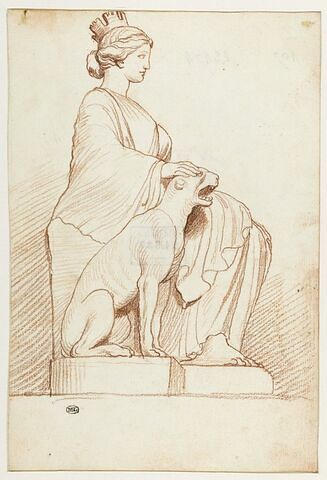 Cybèle assise, une main posée sur la tête d'une lionne