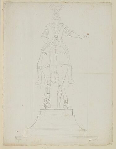 Statue équestre de Louis XIII vue par derrière avec indication des mesures