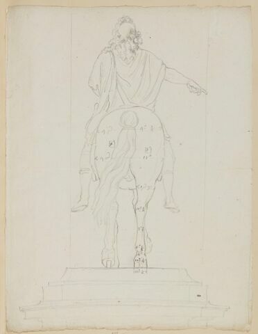 Statue équestre de Louis XIV, vue de dos, avec indications de mesures