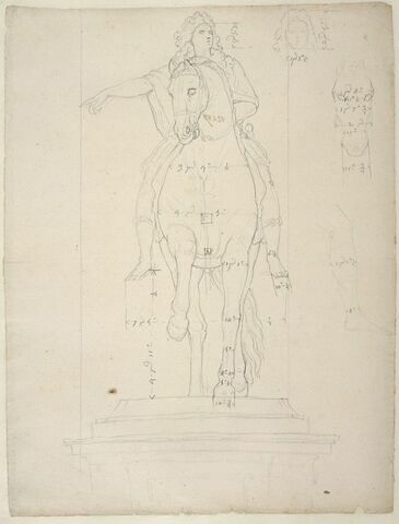 Statue équestre de Louis XIV vue de face, avec indications de mesures