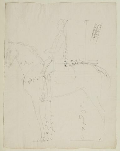 Cavalier et cheval, vus de profil vers la gauche, avec indications de mesures