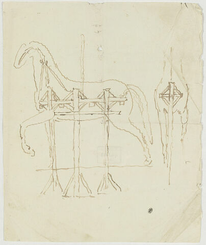 Croquis du cheval de la statue de Louis XV avec l'armature le soutenant