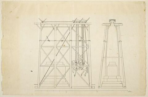 Deux vues de l'échafaudage pour le levage de la statue équestre de Louis XV