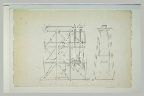 Deux vues de l'échafaudage pour le levage de la statue équestre de Louis XV, image 2/2