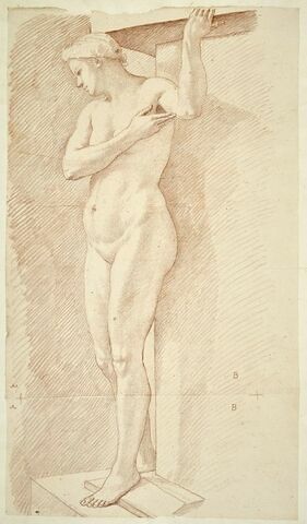 Femme nue, debout, tournée à gauche, le bras droit sur la poitrine