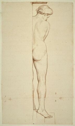 Femme nue, debout, vue de dos et en partie seulement, image 1/2