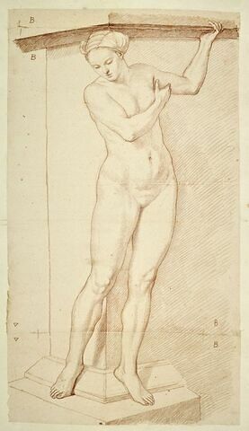 Femme nue, debout, vue de face, regardant en bas