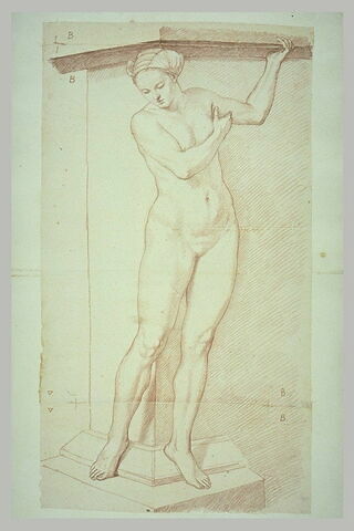 Femme nue, debout, vue de face, regardant en bas, image 2/2