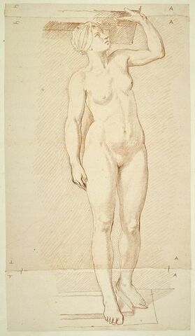 Femme nue, debout, le corps vu de face, la figure de profil