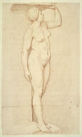 Femme nue, debout, vue de profil, tournée à droite, image 1/2