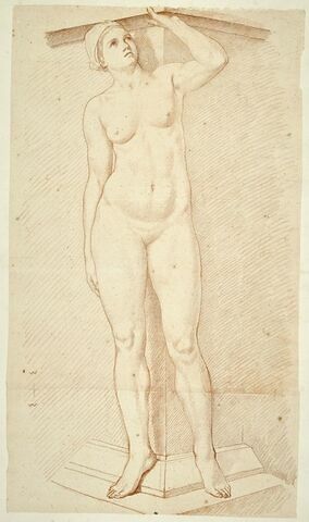 Femme nue, debout, vue de face regardant en haut