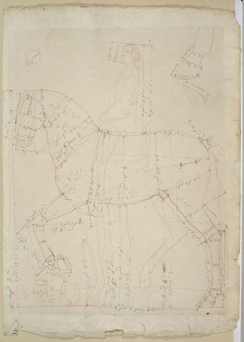Cavalier et cheval,  vus de profil vers la gauche et indications de mesures, image 1/2