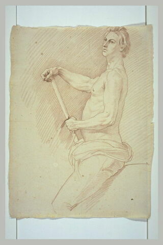 Cavalier, vu jusqu'au genou, de profil vers la gauche, tenant un bâton, image 2/2