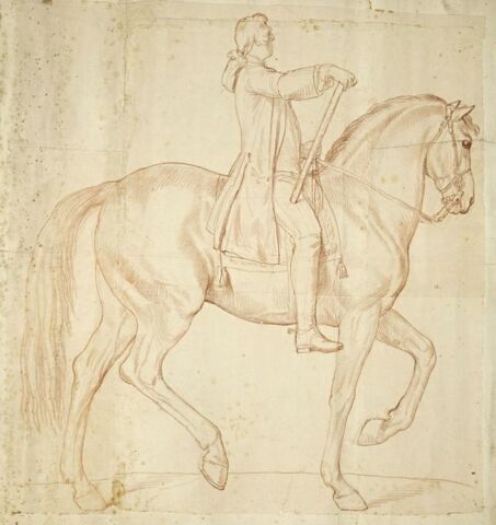 Cavalier et cheval, vus de profil vers la droite, image 1/1