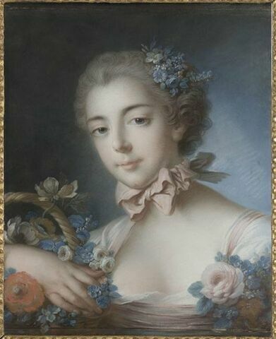 Portrait en buste d'une jeune fille appuyée sur une corbeille de fleurs