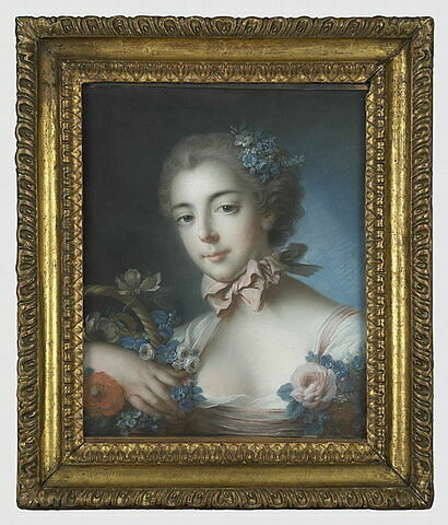 Portrait en buste d'une jeune fille appuyée sur une corbeille de fleurs, image 2/4