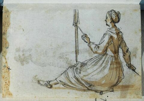 Une femme assise filant une quenouille, image 1/2