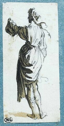Une figure, debout, vue de dos levant le bras gauche, image 1/2