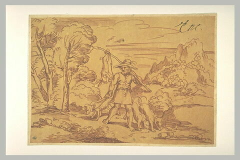 Paysage dans lequel on voit, un homme conduisant des chiens de chasse, image 1/1