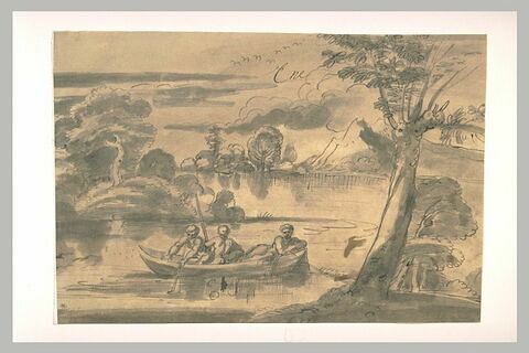 Trois pêcheurs dans une barque, sur un étang, image 1/1