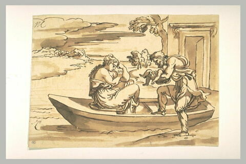 Couple avec un nouveau-né partant dans une barque, image 1/1