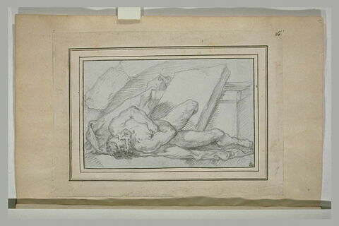 Homme nu, étendu sur le dos, à terre, en raccourci, image 1/1