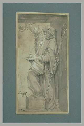 Un religieux debout, écrivant, appuyé sur son genou droit, image 1/1