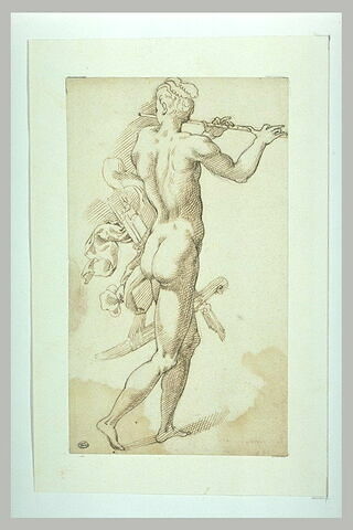 Un homme nu, debout, de dos, un cimetère au côté, jouant de la flûte