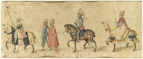 Cinq masques : l'Empereur conduisant le roi de France et un sultan