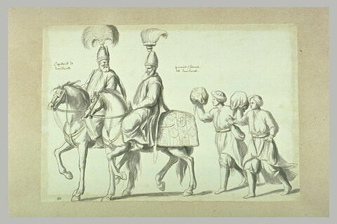 Capitaine et premier chiaour des janissaires à cheval et deux figures, image 1/1