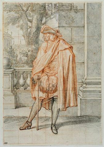 Un homme appuyé sur un bâton, couvert d'un manteau et portant un manchon, image 3/3