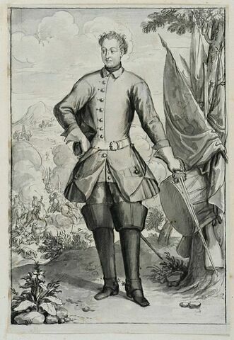 Charles XII debout, de face, son chapeau sous le bras et une épée à la main