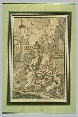 Une jeune femme à demi nue, un vase sur la tête et deux femmes assises, image 1/1